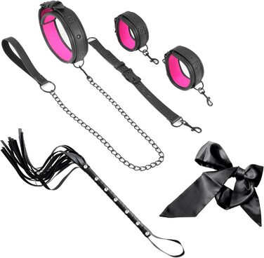 Набір BDSM 6-в-1: наручники, шлея для тіла, чокер, прічка, маска для очей. Набір для BDSM для пар (Чорний, Рожевий)