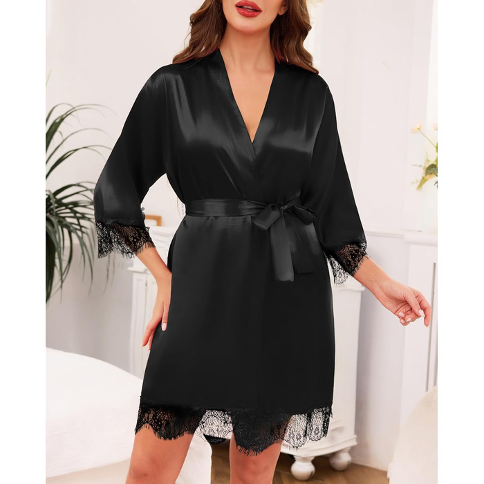 Кимоно жіноче коротке з мереживом Ovasy Satin Bademante, чорний, розмір L