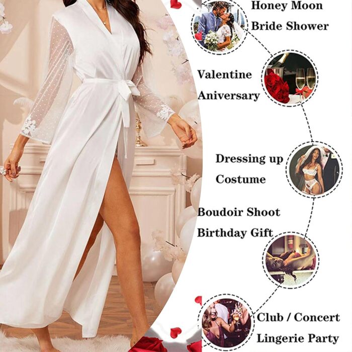 Шовковий халат-кімоно Lang Satin Sexy для жінок: елегантний халат з мереживом та паєтками для вечірки, весілля, нареченої або дружки. Довгі рукави, Patchwork, ніжні кольори.