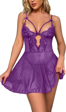Сексуальна спідня білизна Daen: Babydoll, Tanga, Negligees з мереживом, V-подібний виріз, прозорий дизайн, для свята День Святого Валентина, кольори: білий, фіолетовий, розмір XXL