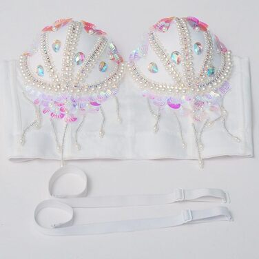 Жіночий корсет-бюстгальтер Royal Smeela з паєтками, перлами та стразами. Короткий топ, корсетний бюст, клубний стиль, для вечірок та свят. Білий корсет з бахромою.