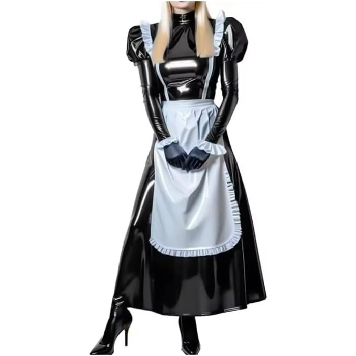 Сукня-уніформа для жінок DDINGHOONQPODFR, костюм для Хелловіну, косплей, рукава-буфи, клубна сукня, PVC-шкіра, чорний, 6XL