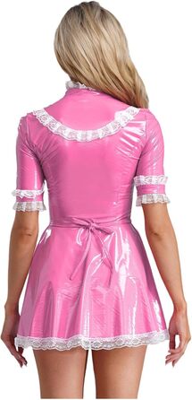 Костюм покоївки Agoky для жінок: міні-сукня з лакованої шкіри, мереживна спідничка, еротична білизна, клубний наряд (3XL, Рожевий)