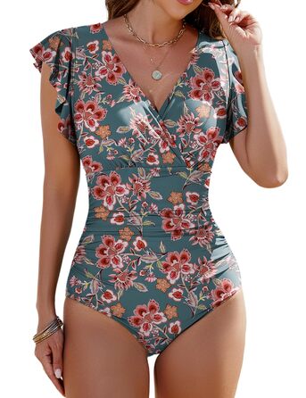 Жіночий купальник Yuson Girl з рюшами, V-подібний виріз, корегуючий, push-up, монокіні, з банджі, висока талія, для жінок (квітковий принт, XL)