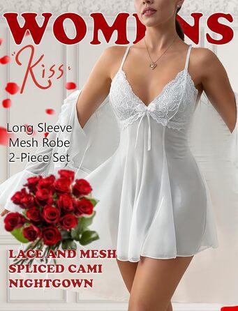 Жіночий комплект нижньої білизни AIEOE: мереживний халат-комбінезон з babydoll та нічна сорочка (білий, L)