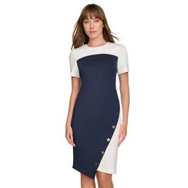 Сукня-футляр Tommy Hilfiger Scuba-Krepp, короткий рукав, з заклепками, асиметричний поділ, розмір 36-38, колір Sky Captain/Elfenbein