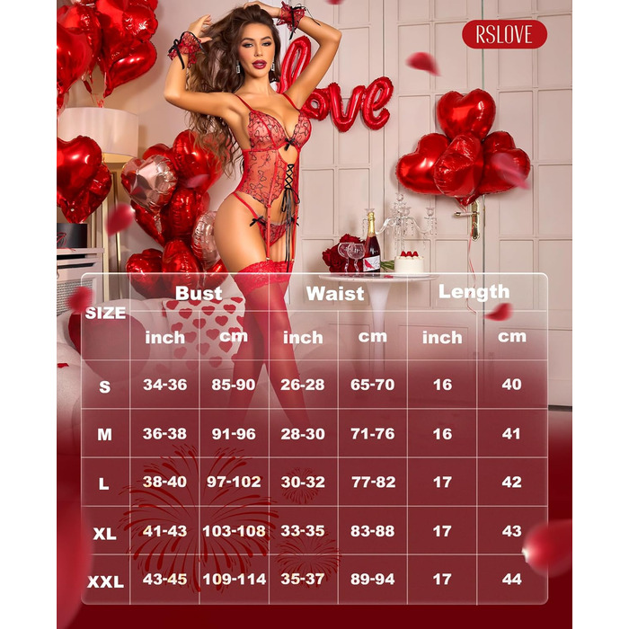 Комплект нижньої білизни RLOVE для жінок: піжама, део-сет, babydoll, 4-частинний комплект з бантиком, нічна сорочка, мультикольорове серце, білий (L, червоний)