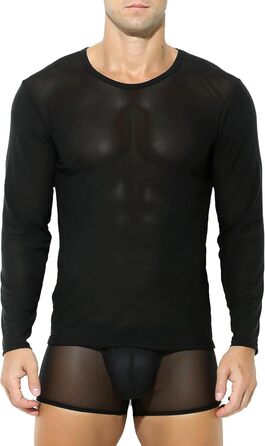 Чоловіча футболка з довгим рукавом, прозора, сітчаста, облягаюча, чорна (XXL)