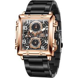 Чоловічий наручний годинник OLEVS Chronograph — класичний кварцовий годинник зі шкіряним ремінцем, водонепроникний, з календарем (Чорний/Розове золото, 2958)
