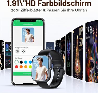 Смарт-годинник унісекс 1.91' HD Touch з функцією дзвінків, 115+ спортивних режимів, фітнес-трекер IP68 з моніторингом пульсу, SpO2 та сну, крокомір для Android та iOS, чорний
