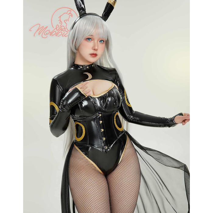 Костюм для косплею Mobbunny: чорний боді з PU-шкіри, фігурна спідниця з шифону, пов'язка, великий хвіст