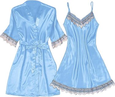 Жіночий халат-кімоно з мереживом, V-подібний виріз, сатиновий халат, нічна сорочка з довгим рукавом, комплект, нічна сукня, халат-кімоно, світло-блакитний, розмір S