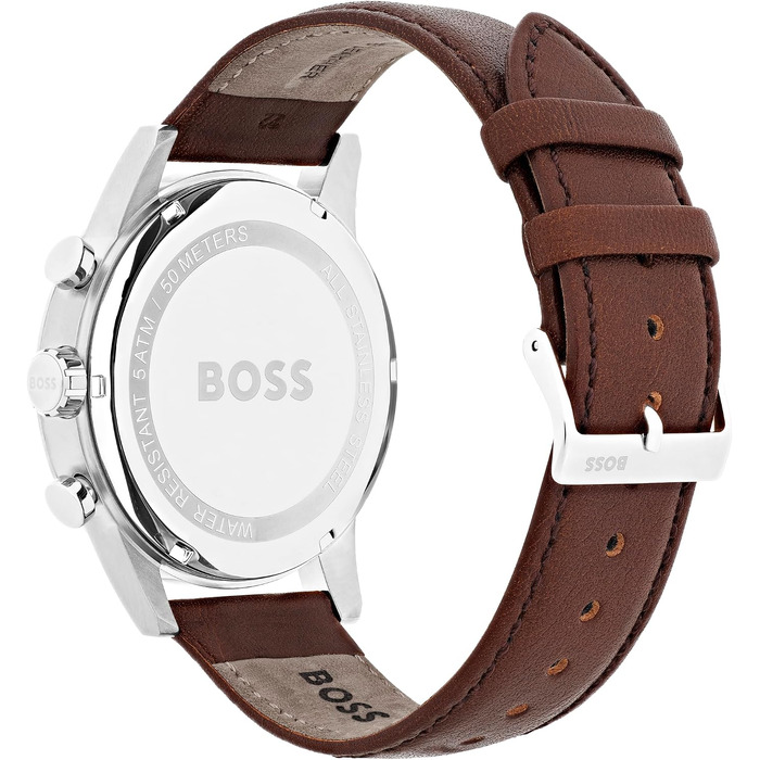 Чоловічий годинник BOSS Navigator Chronograph Quartz зі сталевим міллезаїм ремінцем або шкіряним ремінцем, Коричневий/Сірий