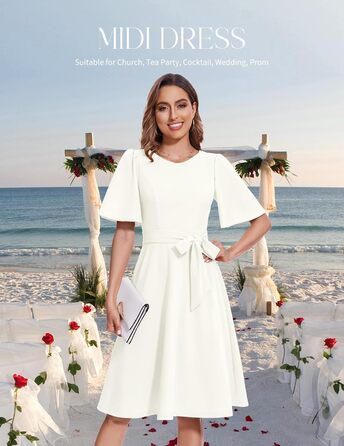 Елегантна сукня-міді Bboninedress коктейльна з поясом, біла (M) - для вечірок та весіль