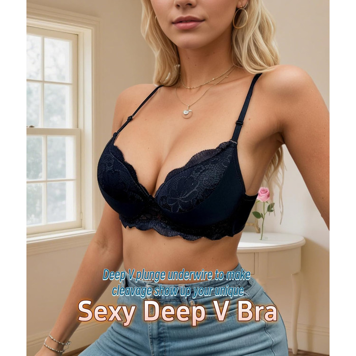 Бюстгальтер жіночий з пуш-ап, мереживний, з глибоким V-подібним вирізом, чорний (85B)