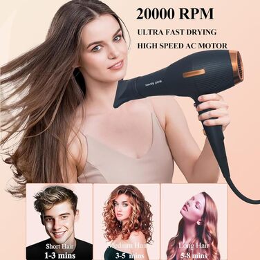 Професійний іонний фен для волосся Loevely Pink 2400W з дифузором, AC-мотором, 3 режимами температури та 2 рівнями швидкості