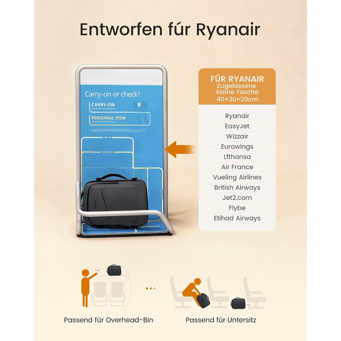 Рюкзак для ручної поклажі LOVEVOOK 40x30x20 см для Ryanair, Eurowings — дорожня сумка для ноутбука 14