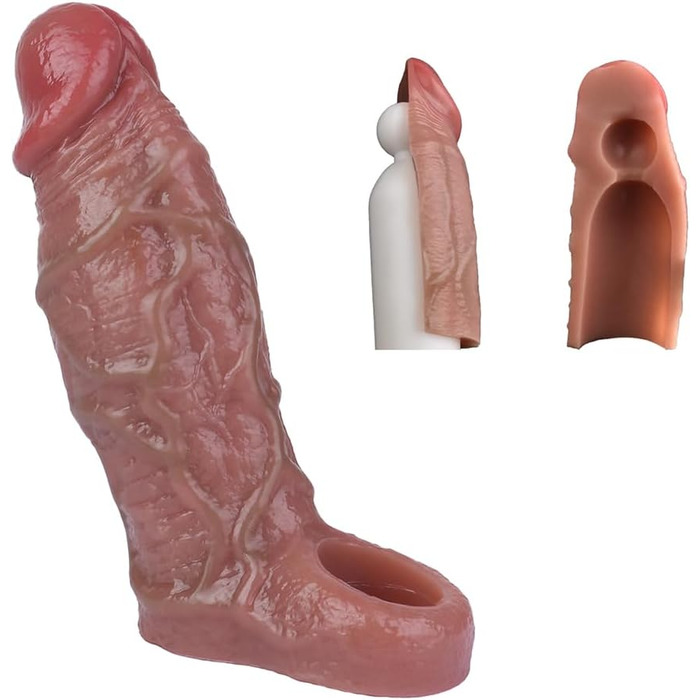 Реалістичний презерватив з силікону з кільцем на яєчках та структурою вен. Презерватив для збільшення статевого члена та затримки еякуляції, стимулятор G-точки. Інтимна іграшка для чоловіків, колір шкіри.