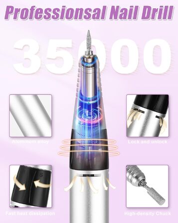 Професійний електричний апарат для манікюру та педикюру 35000 об/хв, фрезер для нігтів з LCD-дисплеєм, педаллю та набором 6 насадок (Фіолетовий)