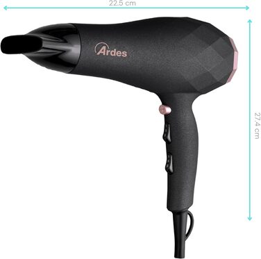 Професійний компактний фен для волосся ARDES ARPHON02 STYLO 2200 Вт, для дому та подорожей, з дифузором, концентратором та знімним фільтром