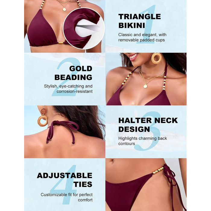 Бікіні жіноче Triangel з золотими перлами, топик халтер з пом'якшувачами та стринги, трусики на зав'язках, фуксія, M