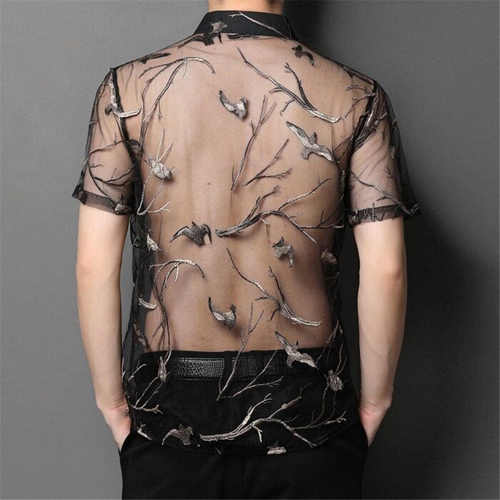 Чоловіча сорочка Deepsko з вишивкою, прозора нижня частина, літня сітка, сексуальний короткий рукав, чорний, XL