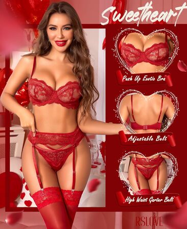 Комплекти спідньої білизни RSLOVE для жінок - сексуальна білизна, комплект бюстгальтера та трусиків, 3 штуки, червоний