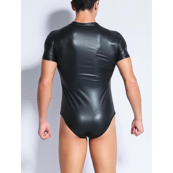 Чоловічий комбінезон з лакованої шкіри, мокрий ефект, шкіряна білизна, боді, відкриті труси, трикотажний боді, чорний, клубний одяг, XXL