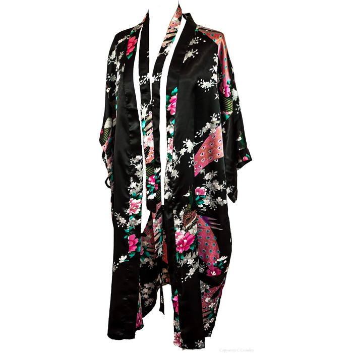 Чоловічий халат CCcollections з шовку сатину з принтом павича, V-подібний виріз та 3/4 рукава (універсальний розмір, чорний)
