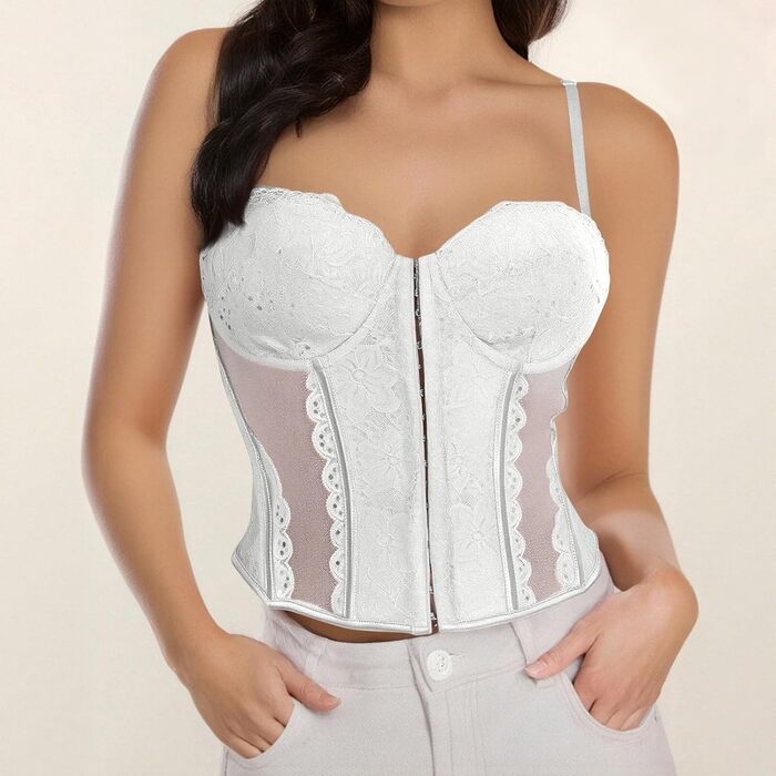 Топ-корсет жіночий у стилі Ренесанс з сітчастими вставками для вечірніх образів, побачень, осінньої моди, милий кроп-топ для вечірки, клубу, танк з корсетним шнуруванням (#11-weiß, XS)