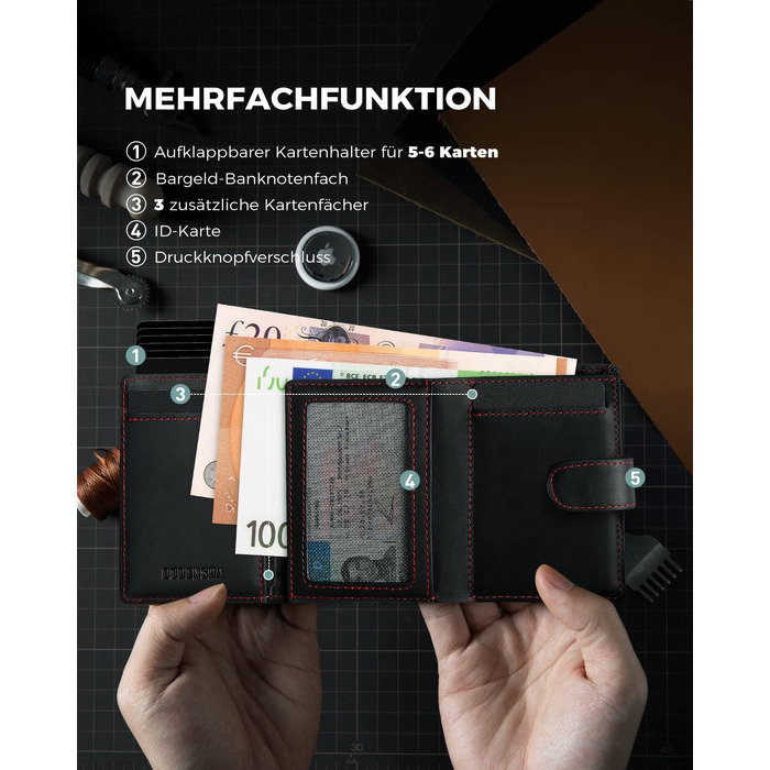 Чоловічий RFID гаманець-картхолдер DODENSHA з автоматичним pop-up механізмом, відділенням для монет та вікном для ID, алюмінієвий (Чорний-червоний)