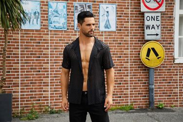 Чоловіча мереживна сорочка ABEHIK, чорна, з короткими рукавами, для вечірок та клубів