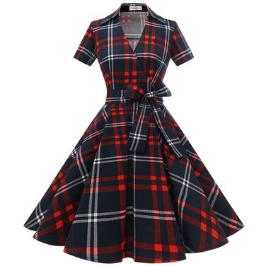 Сукня Rockabilly жіноча V-подібний виріз міді, святкова для весілля, вінтажна коктейльна (S, червоно-біла клітинка)