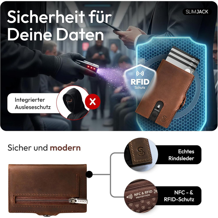 Чоловічий смарт-гаманець SLIMJACK з монетницею та RFID-захистом, шкіряний тримач для кредитних карток з алюмінієвим корпусом, темно-коричневий