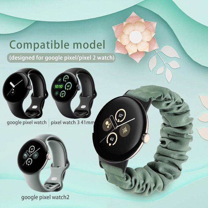 Еластичний тканинний ремінець для Google Pixel Watch 3 41mm, Pixel Watch 2, Pixel Watch — замінний браслет-резинка для жінок (2 шт, Small: 14-16.5 см, Колір: Сріблястий/Кактус)