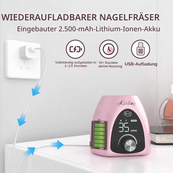 Апарат для манікюру та педикюру електричний Nagelfräser 35000 об/хв, акумуляторний фрезер з LED-дисплеєм, педаллю та набором 6-в-1 для гель-нігтів, салонів та початківців