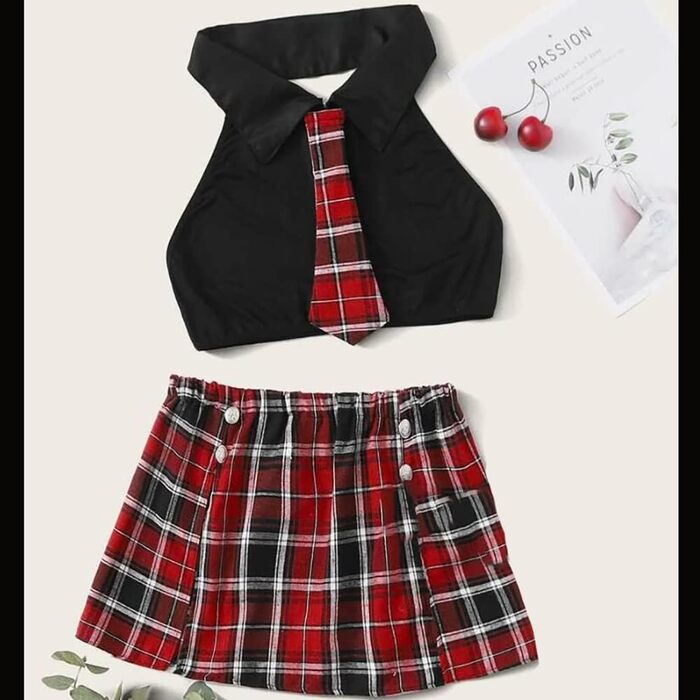 Костюм для косплею: шкільний набір для жінок, чорний. Роль-плей, міні-спідниця в клітинку, топ без рукавів, краватка. Ідеально для Хелловіну.