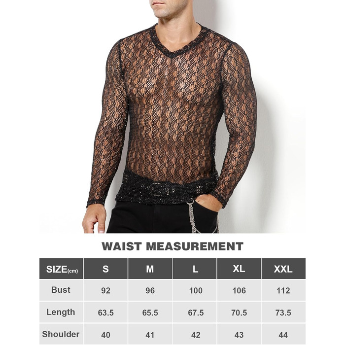 Муслін футболка Casey Kevin Herren Transparent, прозора сітка з довгим рукавом, сріблясті акценти, вертикальна смужка, V-подібний виріз, A2-чорний L