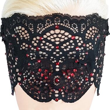 Чорна мереживна маска для жінок з чорними стразами, елегантна маска на половину обличчя, маска для маскараду та карнавалу, мереживна маска для вечірки з гумкою (Чорний (червоні стрази))