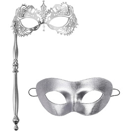 Венеціанська маска для пари JewelryWe з держаком, металева маска з кристалами Swarovski для карнавалу, Хелловіну, вечірки-маскараду (срібна)