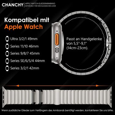 Металевий ремінець CHANCHY для Apple Watch Ultra 3/2/1, Series 11/10/9/8/7/6/5/4/3/2/1, SE — сталевий браслет-заміна (42, 44, 45, 46, 49 мм), титановий колір