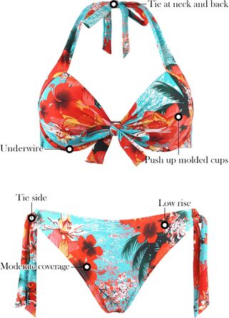 Бікіні Ocean Blues Push-up з квітковим принтом, комплект з підкладкою та зав'язками, блакитний, розмір M для пляжу та басейну