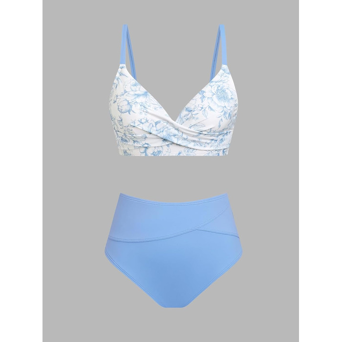 CUPSHE Бікіні жіночий комплект: бюстгальтер та труси з високою талією, двокомпонентний, білий/небесно-блакитний (S)