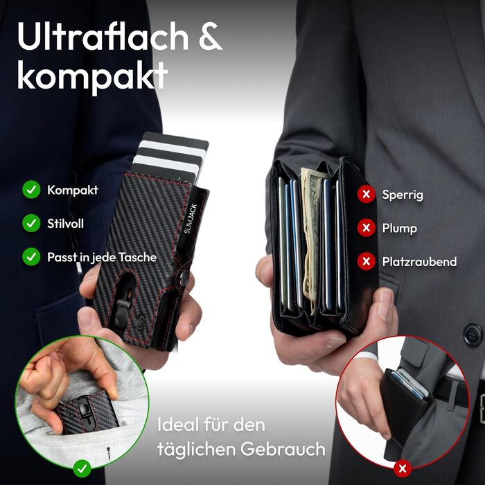 Розумний гаманець SLIMJACK з монетницею та RFID-захистом, чоловічий тримач для карток з алюмінію та шкіри (Modern, Carbon Redline)