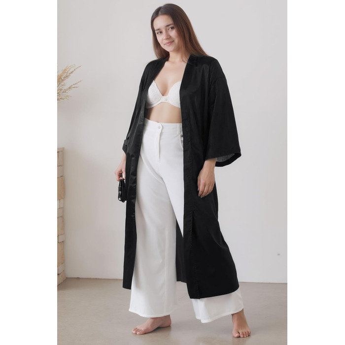 Шовковий халат-кімоно PRODESIGN для жінок, довгий, з поясом, однотонний, чорний. Легкий халат для дому та сну.