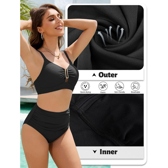 Бікіні жіночий комплект з пуш-ап, висока талія, слікучий ефект, двочастинний, сексуальний металевий U-подібний виріз з зав'язками, купальник, літня мода для жінок, чорний, розмір M