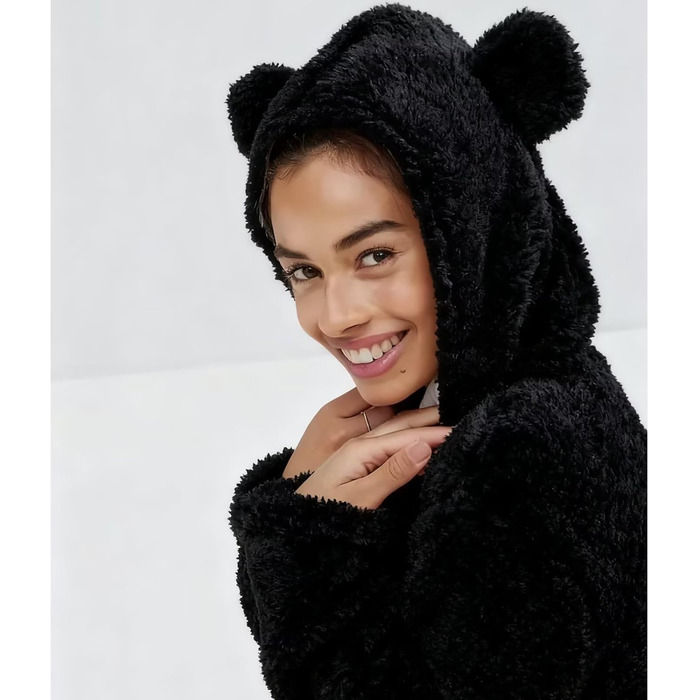 Жіночий флісовий комбінезон MANGGUO з капюшоном та застібкою на попі, теплий піжамний комплект, чорний