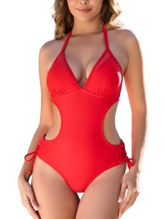 Жіночий суцільний купальник Monokini з мереживом, червоний (Getaway Solids) - Розмір S