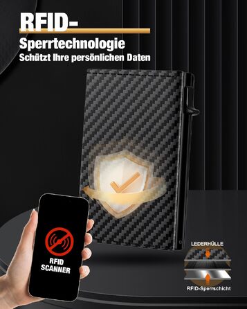 Чоловічий шкіряний картхолдер dwnkove Slim Wallet: смарт-гаманець з Pop-Up механізмом, RFID захистом, відділенням для монет та вікном для ID, Carbon Design