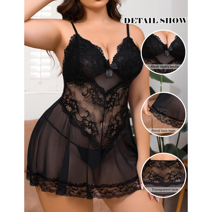 Чорна нічна сорочка Babydoll з мереживом Alrovetoney для жінок plus size (XXL)
